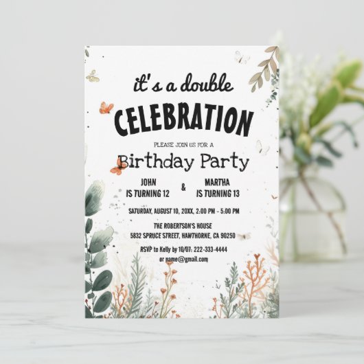 Invitation Fleur et papillon élégant fête d'anniversaire doub (Debout devant)