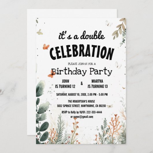 Invitation Fleur et papillon élégant fête d'anniversaire doub (Devant / Derrière)
