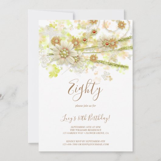 Invitation Fleur et perles de printemps Décoratif 80e anniver (Devant)