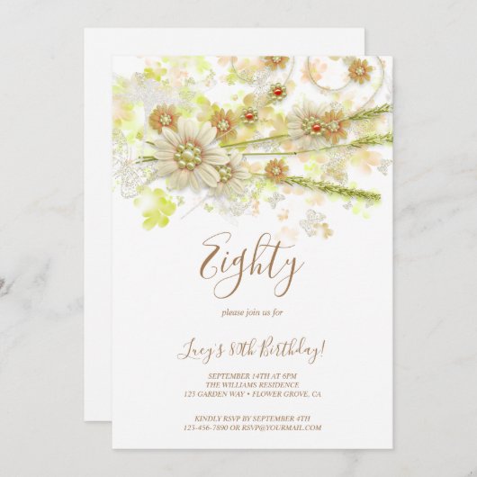 Invitation Fleur et perles de printemps Décoratif 80e anniver (Devant / Derrière)