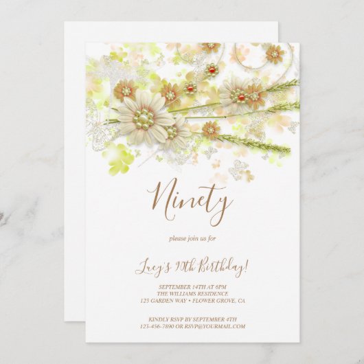 Invitation Fleur et perles de printemps Décoratif 90e anniver (Devant / Derrière)