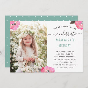 Invitation Fleur et points Photo fête d'anniversaire