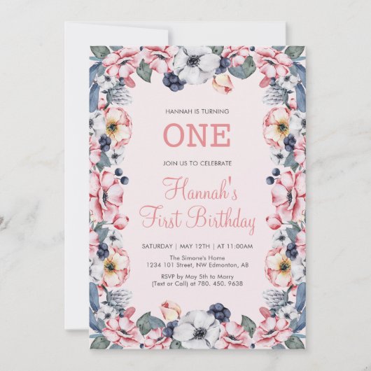 Invitation Fleur et rose | Première fête d'anniversaire de fi (Devant)