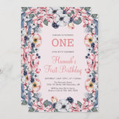 Invitation Fleur et rose | Première fête d'anniversaire de fi (Devant / Derrière)