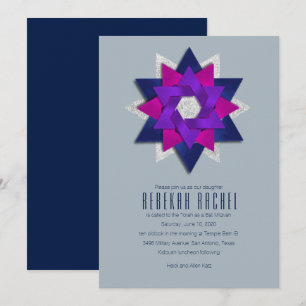 Invitation Fleur étoile bat mitzvah violet rose