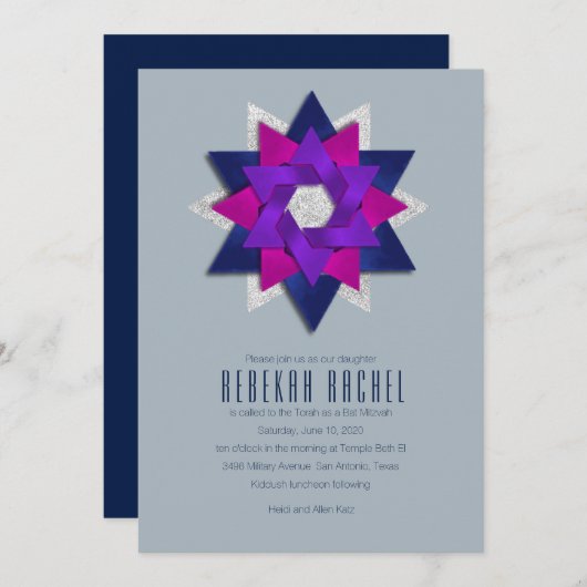 Invitation Fleur étoile bat mitzvah violet rose (Devant / Derrière)