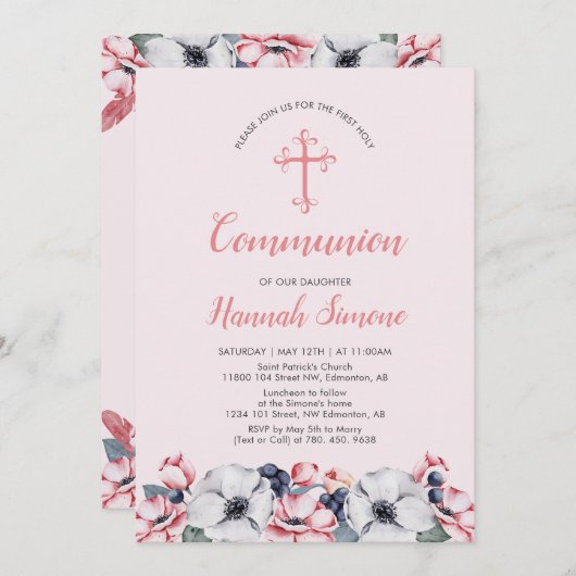 Invitation Fleur, Fille | Première communion / Confirmation (Devant / Derrière)