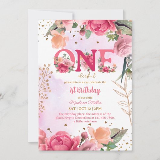 Invitation Fleur Fleur Fleur Bébé Fille 1er Anniversaire (Devant)