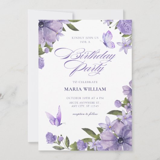 Invitation Fleur fleurie violette anniversaire (Devant)