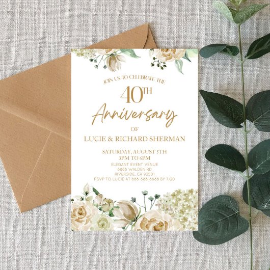 Invitation Fleur florale blanche 40e anniversaire de Mariage