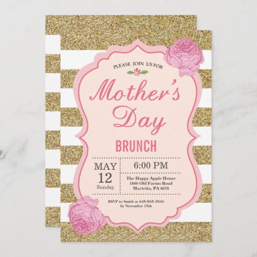 Invitation Fleur florale de rose d'invitation de brunch de (Devant / Derrière)