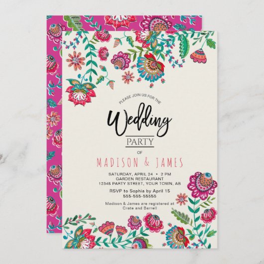 Invitation Fleur folk rose vif mariage boho mexicain (Devant / Derrière)