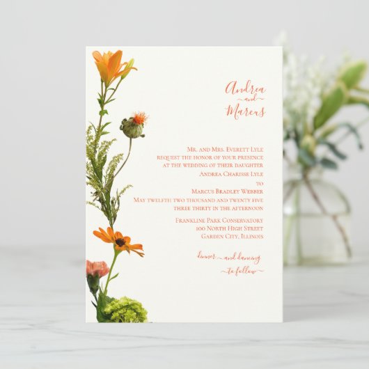 Invitation Fleur fraîche orange rouge (Debout devant)