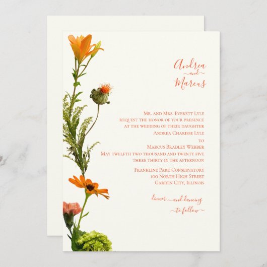 Invitation Fleur fraîche orange rouge (Devant / Derrière)