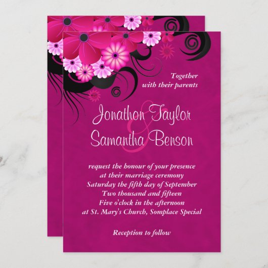 Invitation Fleur Fuchsia foncée 5" x 7" Mariage invite (Devant / Derrière)