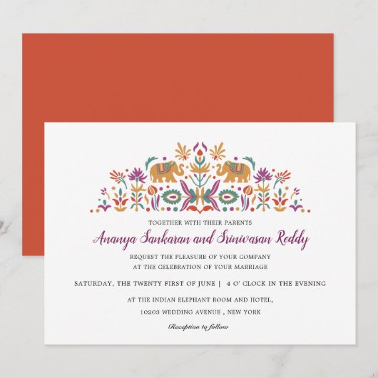 Invitation Fleur indienne Eléphant Orange mariage moderne (Devant / Derrière)