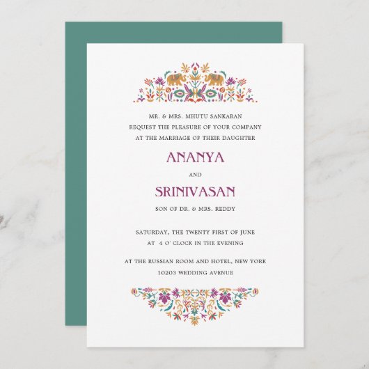 Invitation Fleur indienne Jade Green Elephant Mariage officie (Devant / Derrière)