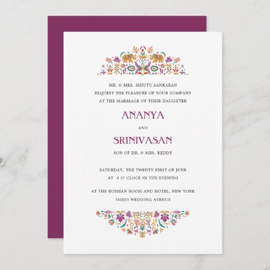 Invitation Fleur indienne violet éléphant Mariage officiel (Devant / Derrière)