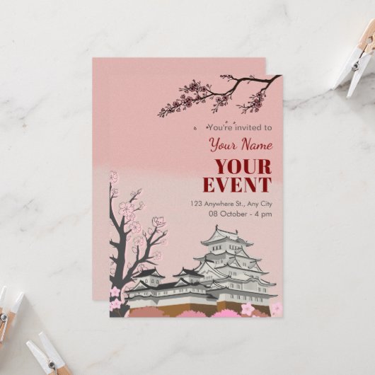Invitation Fleur japonaise rose pastel (Devant/Arrière en situation)