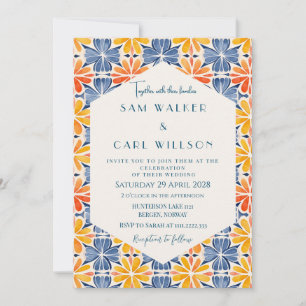 Invitation Fleur Jaune Bleu Orange Carrelage Mariage