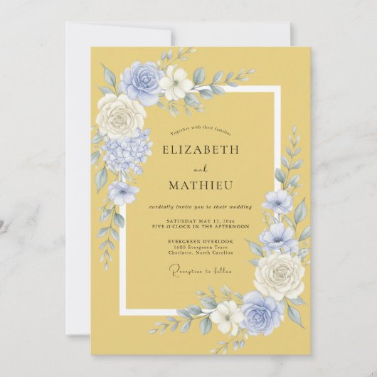 Invitation Fleur Jaune Bleue Floraison Mariage (Devant)