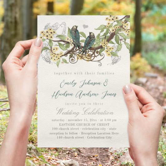 Invitation Fleur Jaune Branche Oiseaux Vintages Mariage Invit
