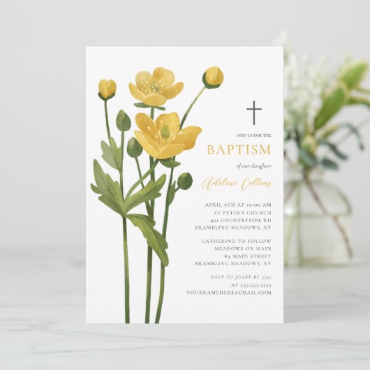 Invitation Fleur Jaune Douce Fleurit Élégant Script Baptême (Debout devant)