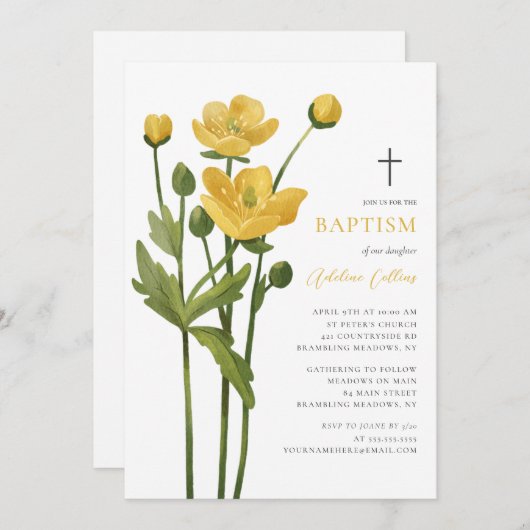 Invitation Fleur Jaune Douce Fleurit Élégant Script Baptême (Devant / Derrière)