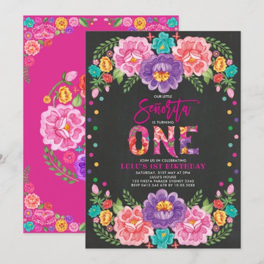 Invitation Fleur Little Senorita Flower Girl 1er anniversaire (Devant / Derrière)