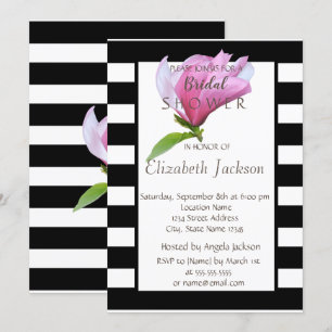 Invitation Fleur, Magnolia Noir Blanc Rayures Baby Shower Mar