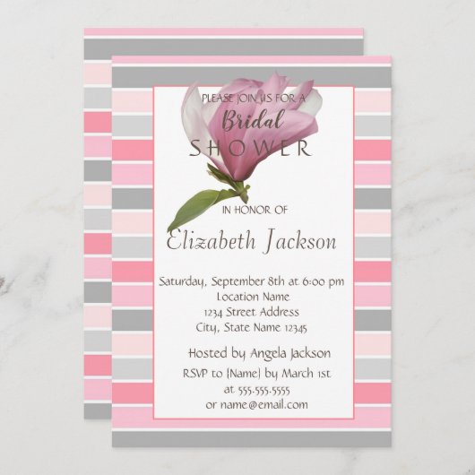 Invitation Fleur, Magnolia Rayures Baby Shower Nuptial (Devant / Derrière)