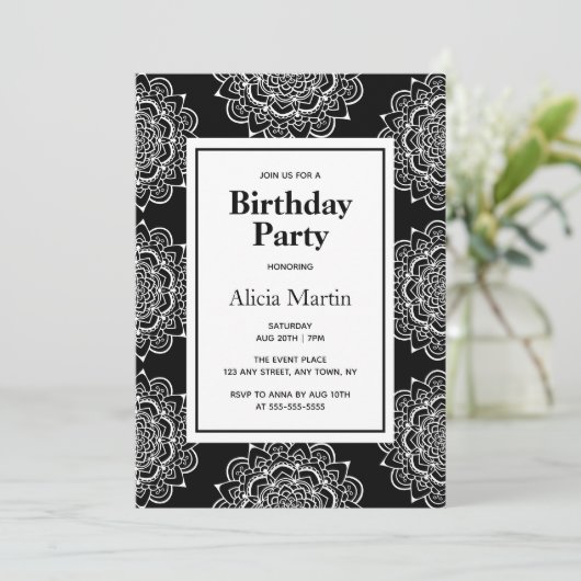Invitation Fleur Mandala Noir & Blanc (Debout devant)