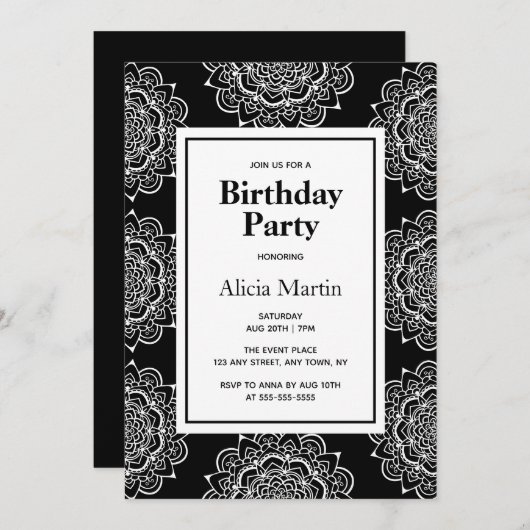 Invitation Fleur Mandala Noir & Blanc (Devant / Derrière)