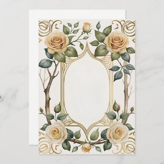 Invitation Fleur mariage et cadre or (Devant / Derrière)