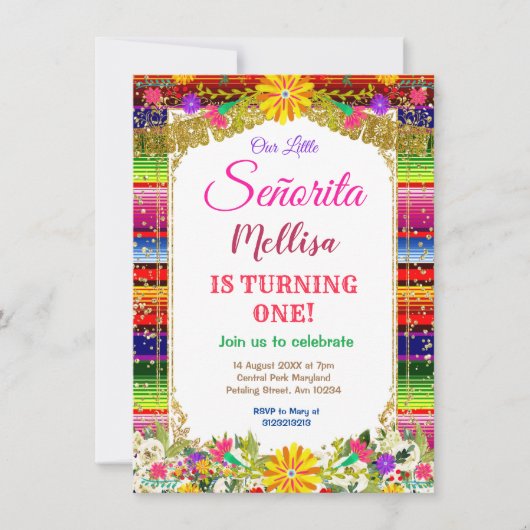 Invitation Fleur mexicaine Parties scintillant d'or Fille Fêt (Devant)