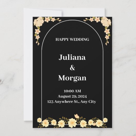 Invitation Fleur moderne noir et blanc Mariage heureux (Devant)