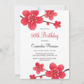 Invitation Fleur moderne rouge cerise fleurs Sakura anniversa (Devant)