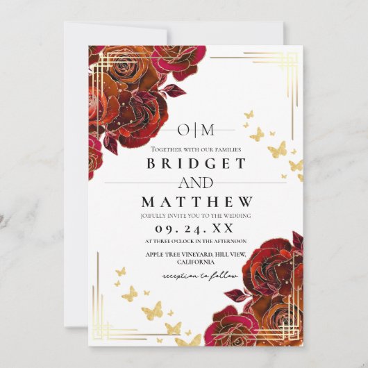 Invitation Fleur moderne Rouge Rose et Mariage or (Devant)