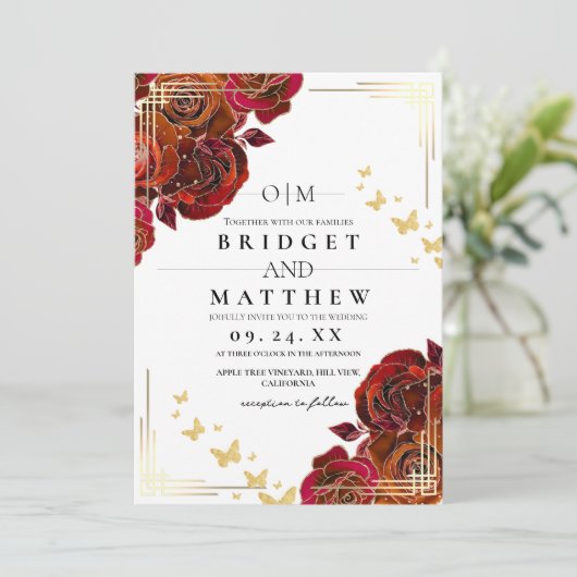 Invitation Fleur moderne Rouge Rose et Mariage or (Debout devant)