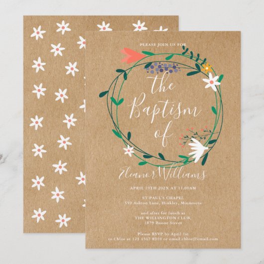Invitation Fleur moderne rustique baptême (Devant / Derrière)