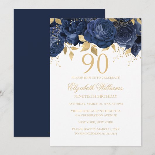 Invitation Fleur Navy Or Rose 90e Anniversaire (Devant / Derrière)