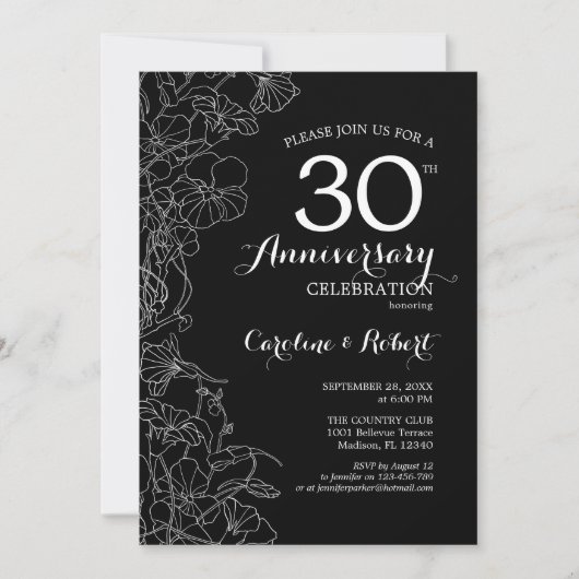 Invitation Fleur noir et blanc 30e anniversaire (Devant)
