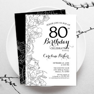 Invitation Fleur noire blanche 80e fête d'anniversaire