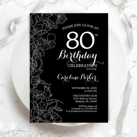 Invitation Fleur noire blanche 80e fête d'anniversaire
