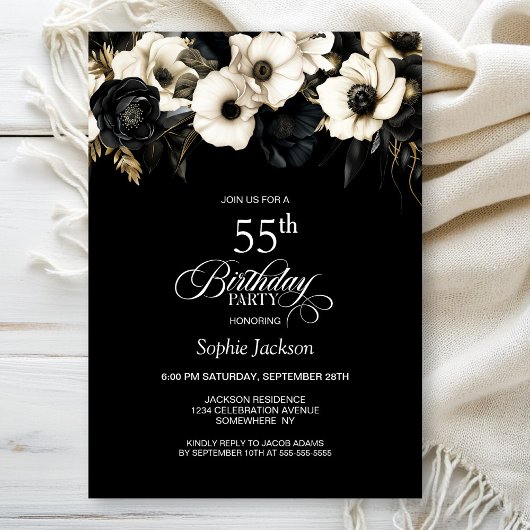 Invitation Fleur noire et blanche 55e fête d'anniversaire