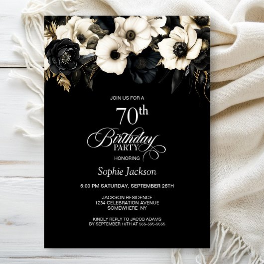 Invitation Fleur noire et blanche 70e fête d'anniversaire