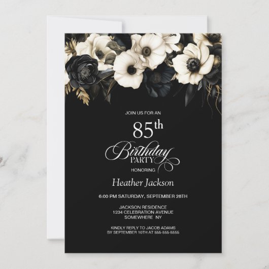 Invitation Fleur noire et blanche 85e fête d'anniversaire (Devant)