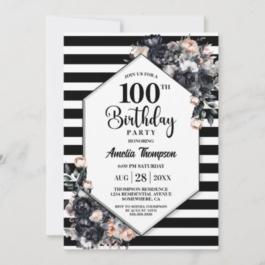 Invitation Fleur noire moderne rayée 100e fête d'anniversaire (Devant)