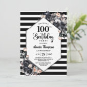 Invitation Fleur noire moderne rayée 100e fête d'anniversaire (Debout devant)