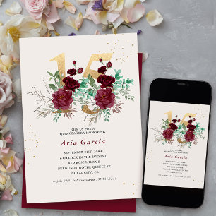 Invitation Fleur Numéro 15 Quinceanera Bordeaux Rouge et Or